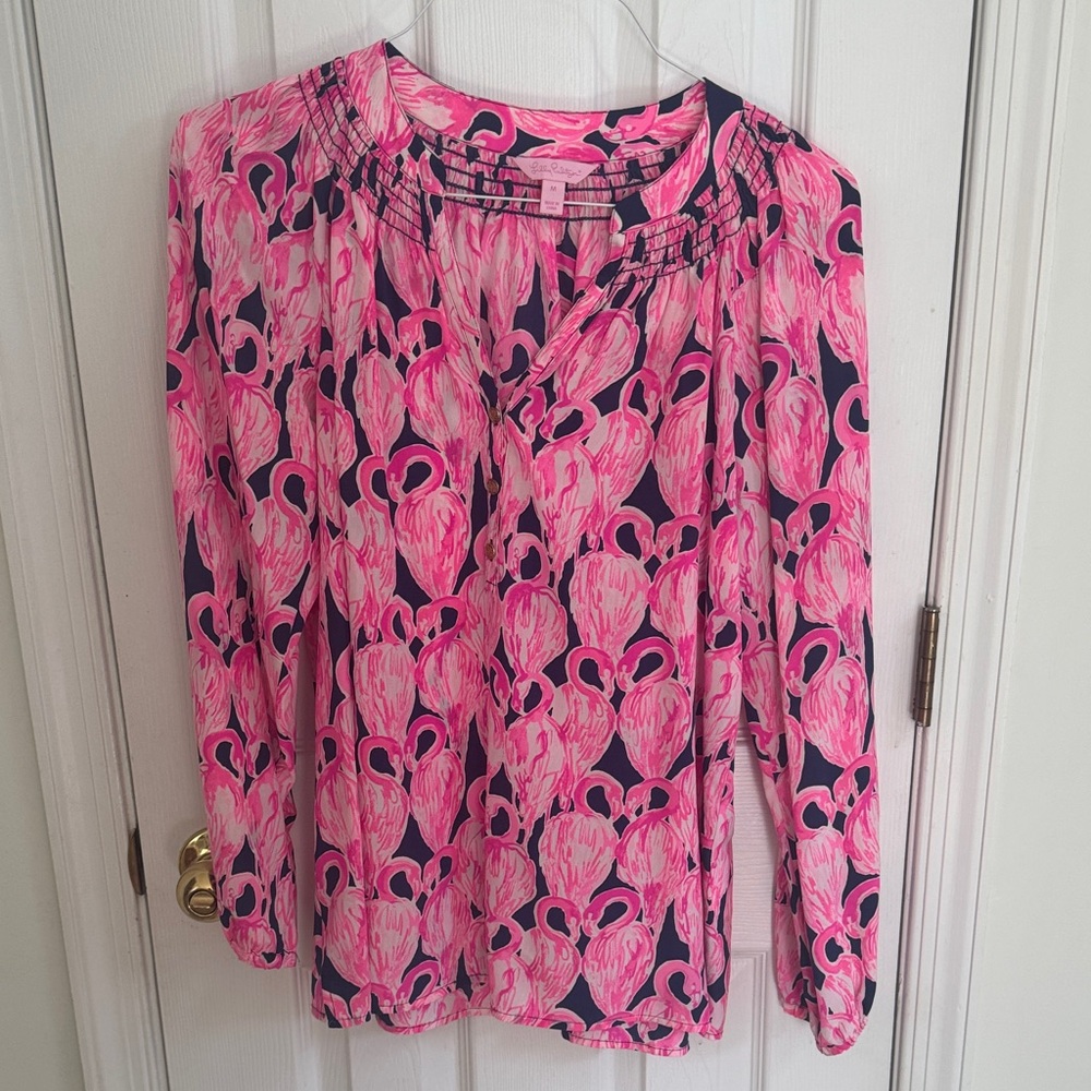 Lilly Pulitzer Pink and Navy Flamingo Blouse